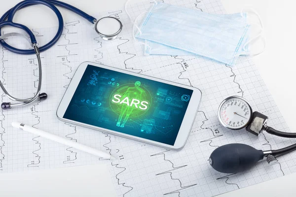 Tablet Doctor Tools Sars Inscription Coronavirus Concept — Stock Photo, Image