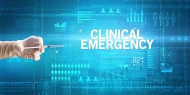 Doktorların yakın plan görüntüsü elinde şırınga tutan beyaz bir eldiven içinde KLINICAL EMERGENCY yazıt, sağlık ve tıbbi konsept