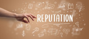 Kırpılmış ellerin yakın çekimi REPUTATION yazıtlarına işaret ediyor, modern iş çözümleri kavramı