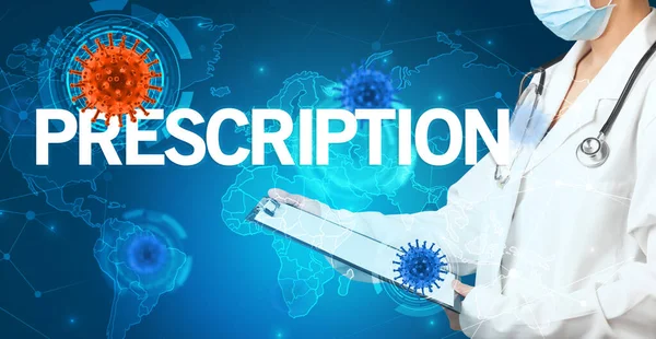Doctor fills out medical record with PRESCRIPTION inscription, virology concept