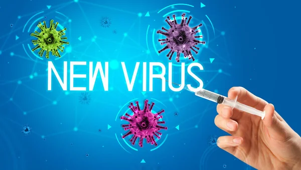 Шприц Медична Єкція Руці Новим Написом Virus Концепція Вакцини Проти — стокове фото