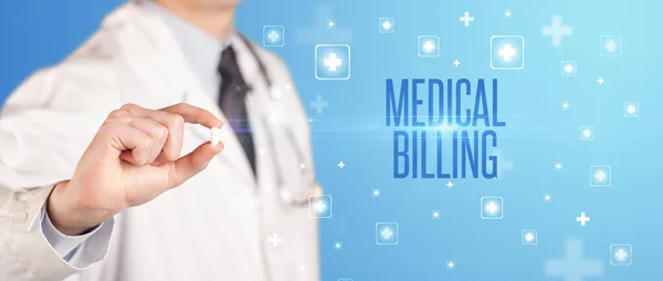 Close Doctor Giving Pill Medical Billing Inscription Medical Concept — Stock Photo, Image
