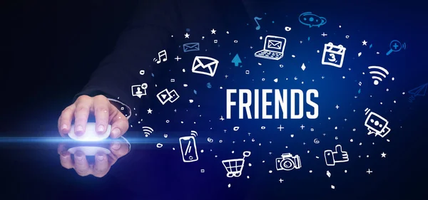Hand Holding Wireless Peripheral Friends Inscription Social Media Concept — Stock Photo, Image