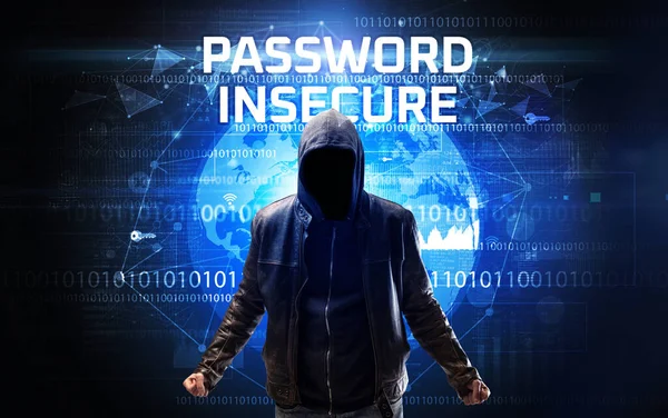 Hacker Sem Rosto Trabalho Com Inscrição Password Insecure Conceito Segurança — Fotografia de Stock