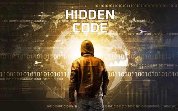 Faceless Hacker Work Hidden Code Inscription Computer Security Concept — Stock Photo, Image