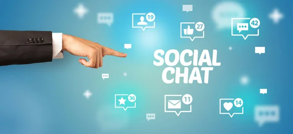 Primer Plano Mano Recortada Apuntando Inscripción Social Chat Concepto Redes — Foto de Stock