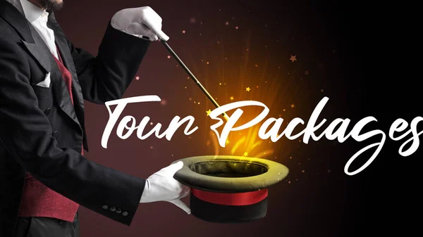 Magician Showing Magic Trick Tour Packages Inscription Traveling Concept — Stock Photo, Image