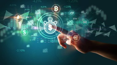 İş adamı el sıkışma süresi multimedya dokunmatik ekran fütüristik kavramda para sembolüdür