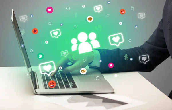 Hand Surfing Social Media People Icons Coming Out Screen Networking — Stock Photo, Image