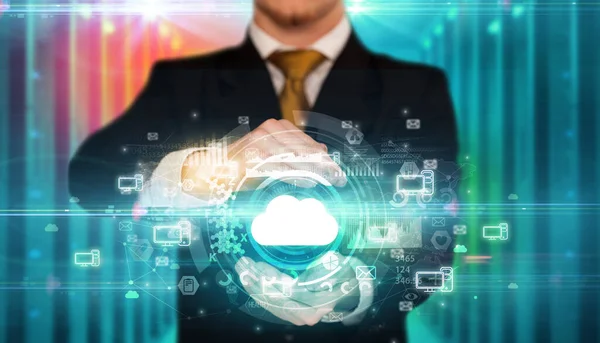 Businessman Holding Cloud Icon His Hands Multiple Technology Symbols — Stock Photo, Image