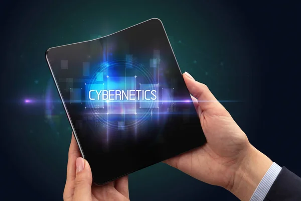 Businessman Holding Foldable Smartphone Cybernetics Inscription New Technology Concept — Stock Photo, Image