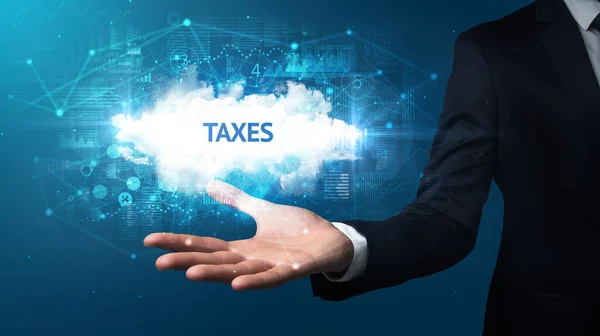 Hand Businessman Met Taxes Inscriptie Succesvol Bedrijfsconcept — Stockfoto