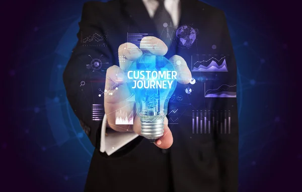 Businessman Holding Lightbulb Customer Journey Inscription Business Idea Concept — Stockfoto