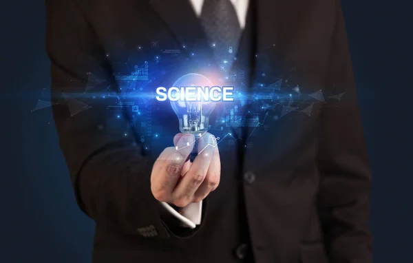 Businessman Holding Light Bulb Science Inscription Innovative Technology Concept — Stock Photo, Image