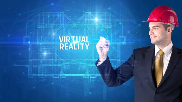 Arquitecto Guapo Con Dibujo Casco Inscripción Realidad Virtual Concepto Nueva — Foto de Stock