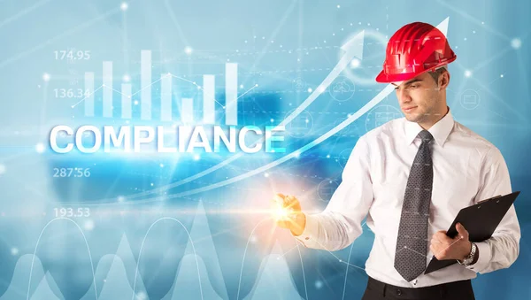 Fiatal Üzletember Sisak Rajz Compliance Felirat Modern Üzleti Technológia Koncepció — Stock Fotó