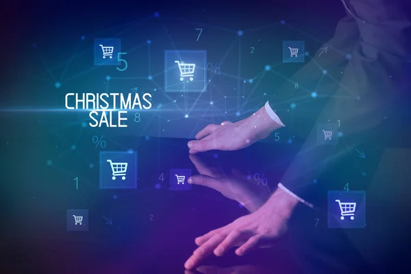 Compras Online Com Conceito Inscrição Christmas Sale Com Ícones Carrinho — Fotografia de Stock