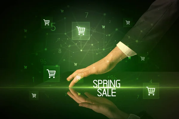 Compras Online Com Conceito Inscrição Sale Spring Com Ícones Carrinho — Fotografia de Stock