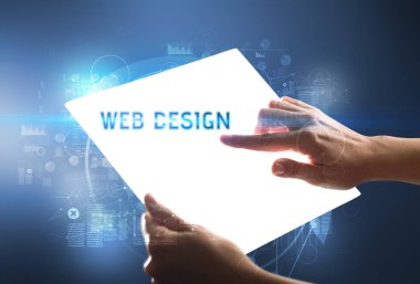 Web Sitesi DESIGN yazıtlı el yapımı fütüristik tablet, yeni teknoloji konsepti