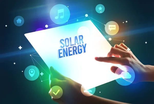 Futuristisches Tablet Mit Solar Energy Aufschrift Neues Technologiekonzept — Stockfoto