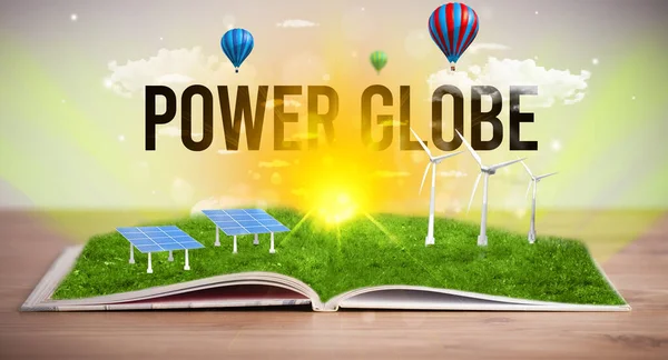 Livro Aberto Com Inscrição Power Globe Conceito Energia Renovável — Fotografia de Stock