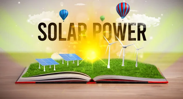 Open Boek Met Solar Power Inscriptie Concept Hernieuwbare Energie — Stockfoto