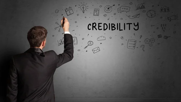 商人用Credibility题词 商业战略概念描绘创意草图 — 图库照片