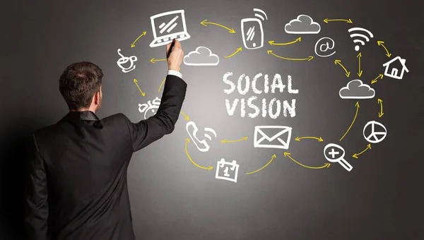 Бизнесмен Рисует Иконки Социальных Сетях Надписью Social Vision Концепция Новых — стоковое фото