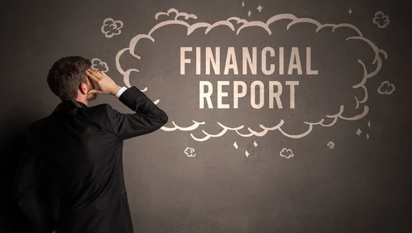 Biznesmen Rysujący Chmurę Napisem Finansowe Sprawozdanie Wewnątrz Nowoczesna Koncepcja Biznesowa — Zdjęcie stockowe