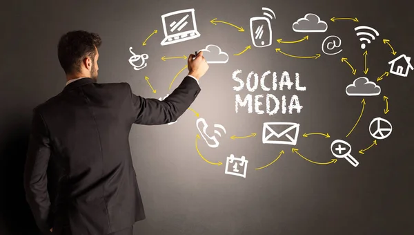 Businessman Drawing Social Media Icons Social Media Inscription New Media — Stock Photo, Image