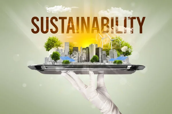 持続可能性の碑文 再生可能エネルギーの概念を持つエコシティにサービスを提供するウェイター — ストック写真