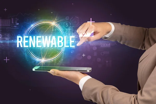 Detailní Záběr Dotykového Displeje Nápisem Renewable Koncept Nové Technologie — Stock fotografie