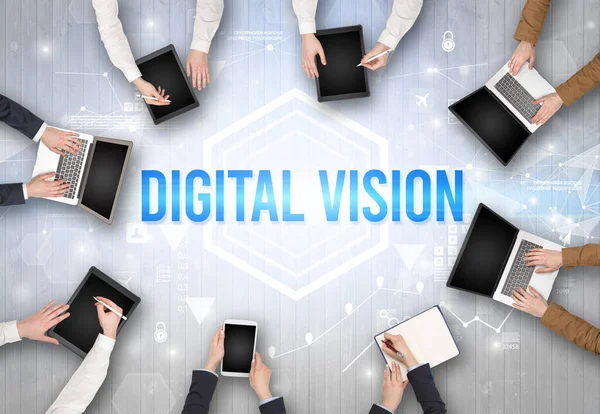 Arbeitsgruppe Einem Büro Mit Digital Vision Aufschrift Modernes Technologiekonzept — Stockfoto