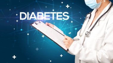 Doktor tıbbi kayıtları DIABETES yazıtları ve tıbbi konseptle dolduruyor.