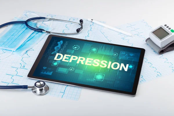 Компьютеры Медицинские Изделия Надписью Depression Концепция Prevention — стоковое фото