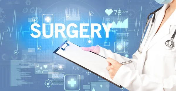 Fiatal Orvos Jegyzeteket Surgery Felirattal Egészségügyi Koncepció — Stock Fotó