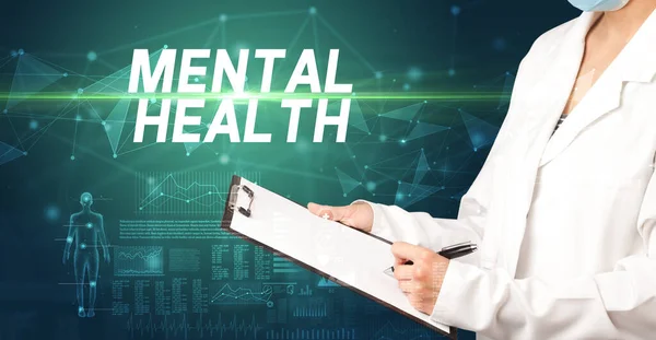 Doctor Escribe Notas Portapapeles Con Inscripción Mental Health Concepto Diagnóstico — Foto de Stock
