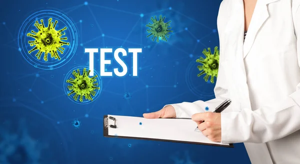 Läkare Ordinerar Ett Recept Med Test Inskription Pandemi Koncept — Stockfoto