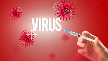 Doktorların yakından görüntüsü elinde VIRUS yazılı şırınga, koronavirüs panzehiri konsepti olan beyaz bir eldiven tutuyor.