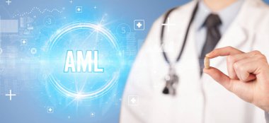 Doktorun sana AML kısaltmalı bir hap verdiği yakın plan, viroloji konsepti.