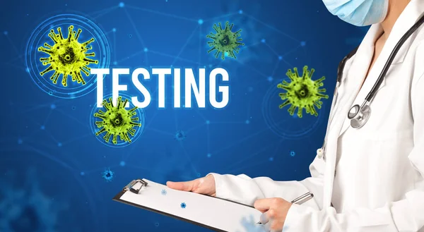 Läkare Ordinerar Recept Med Testing Inskription Pandemi Koncept — Stockfoto