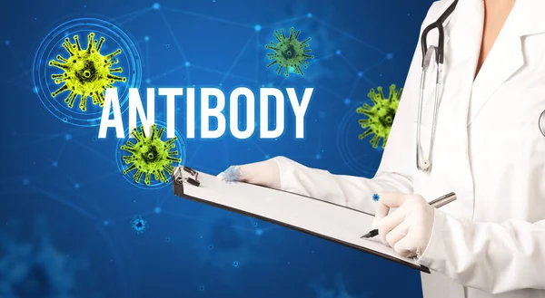 Médico Prescribe Una Receta Con Inscripción Antibody Concepto Pandémico — Foto de Stock