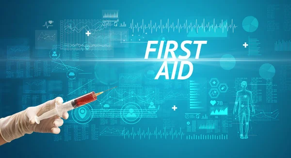 Шприц Голка Вірусною Вакциною Написом First Aid Концепція Антидот — стокове фото