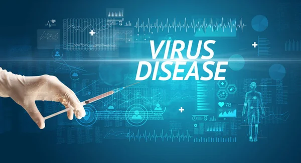 Igła Strzykawki Szczepionką Przeciw Wirusowi Napisem Virus Disease Koncepcja Antidotum — Zdjęcie stockowe