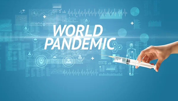 Spuitnaald Met Virusvaccin Wereld Pandemische Inscriptie Antidoteconcept — Stockfoto