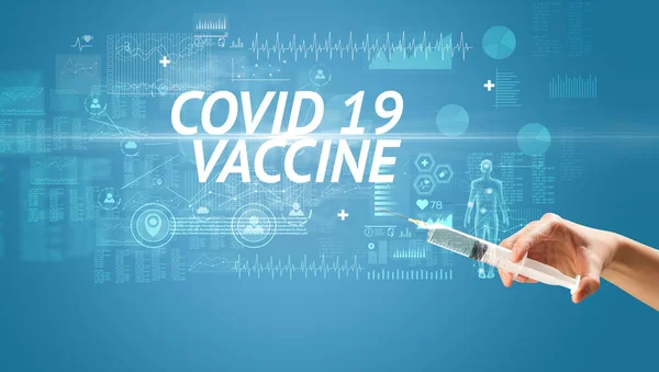 Agulha Seringa Com Vacina Vírus Inscrição Covid Vaccine Conceito Antídoto — Fotografia de Stock