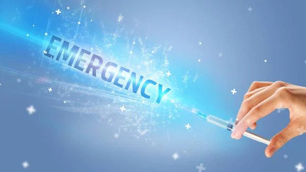 Spuit Medische Injectie Hand Met Emergency Inscriptie Medisch Tegengif Concept — Stockfoto