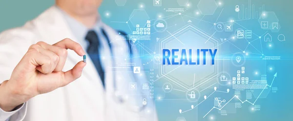 Doctor Giving Pill Reality Inscription New Technology Solution Concept — Stock Photo, Image