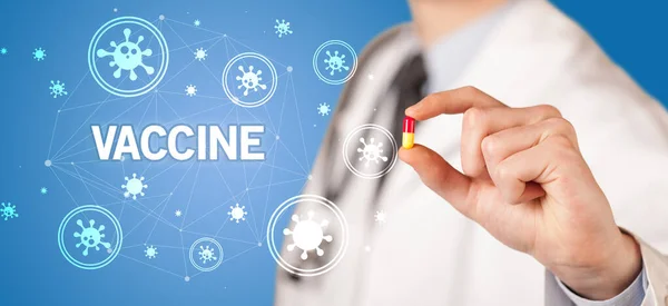 Doctor Giving Pill Vaccine Inscription Coronavirus Concept — Stock Photo, Image
