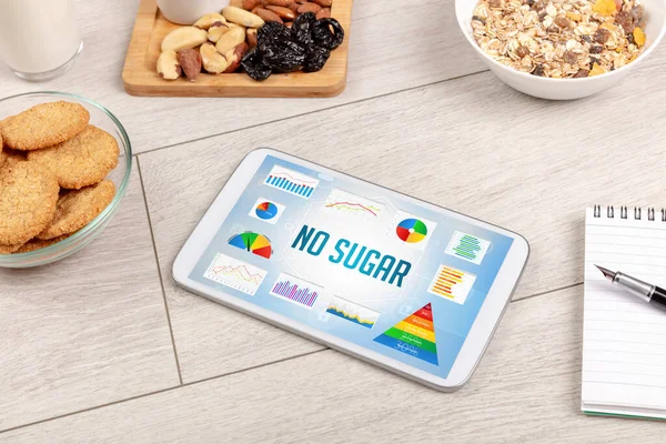 Biologische Voeding Tablet Met Geen Suiker Inscriptie Gezonde Voeding Samenstelling — Stockfoto